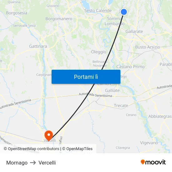 Mornago to Vercelli map