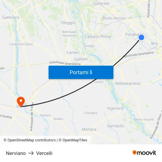 Nerviano to Vercelli map