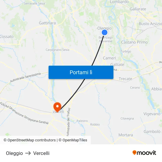 Oleggio to Vercelli map
