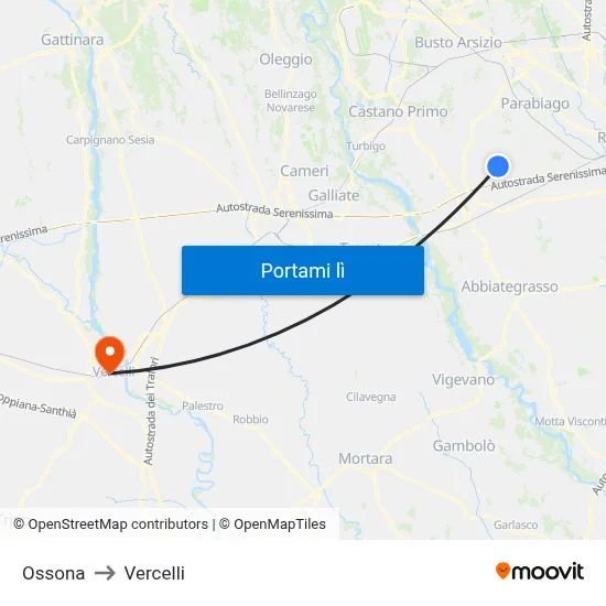 Ossona to Vercelli map