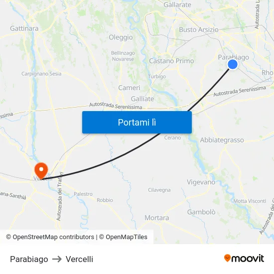 Parabiago to Vercelli map