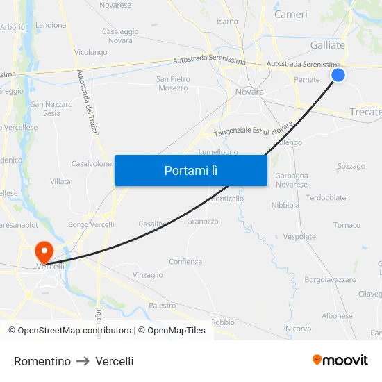 Romentino to Vercelli map
