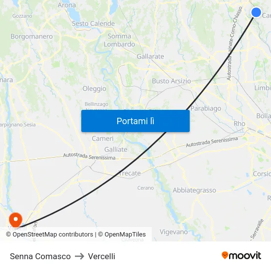 Senna Comasco to Vercelli map
