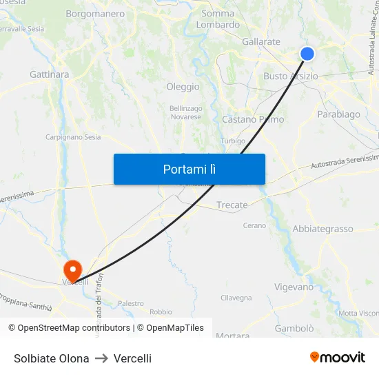 Solbiate Olona to Vercelli map