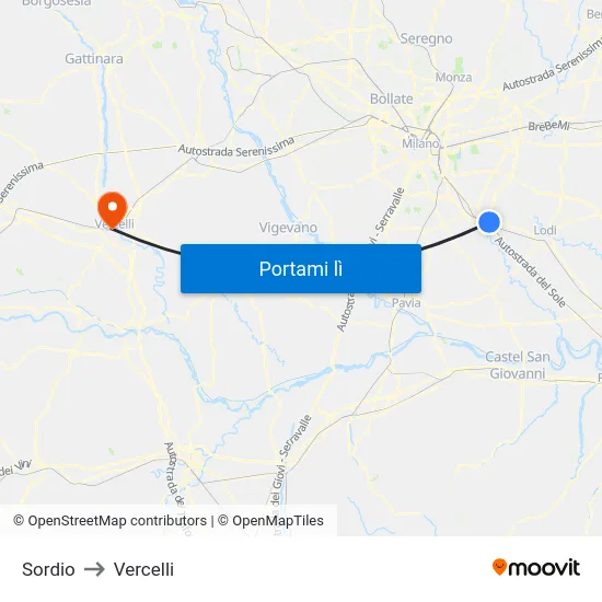 Sordio to Vercelli map