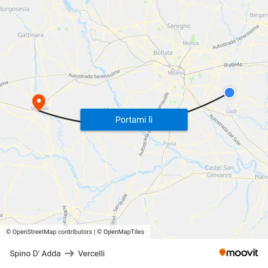 Spino D' Adda to Vercelli map