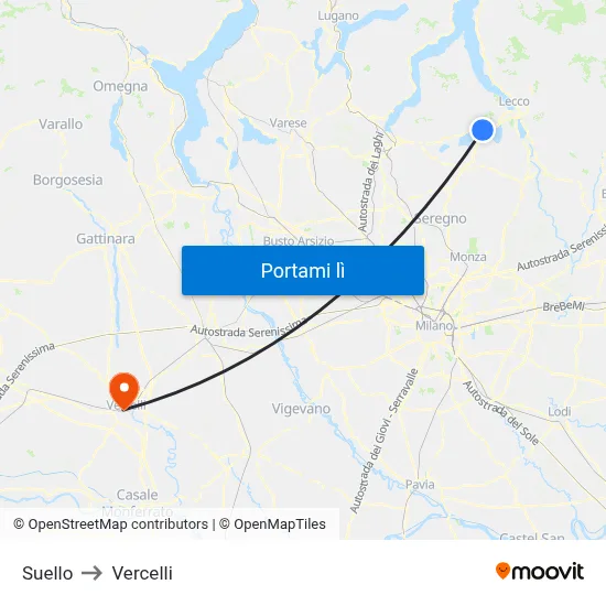Suello to Vercelli map