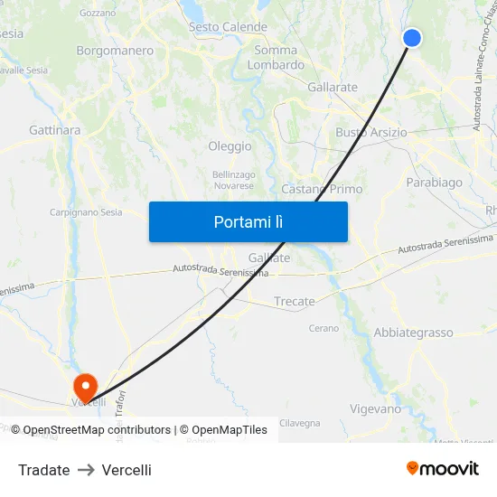 Tradate to Vercelli map
