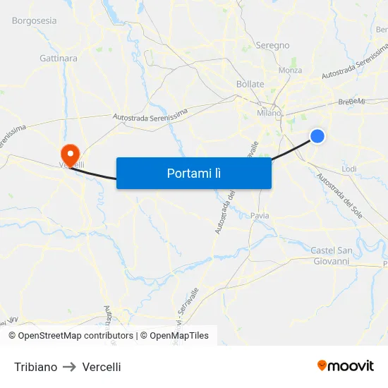 Tribiano to Vercelli map