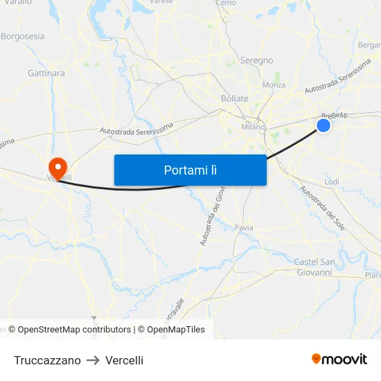 Truccazzano to Vercelli map