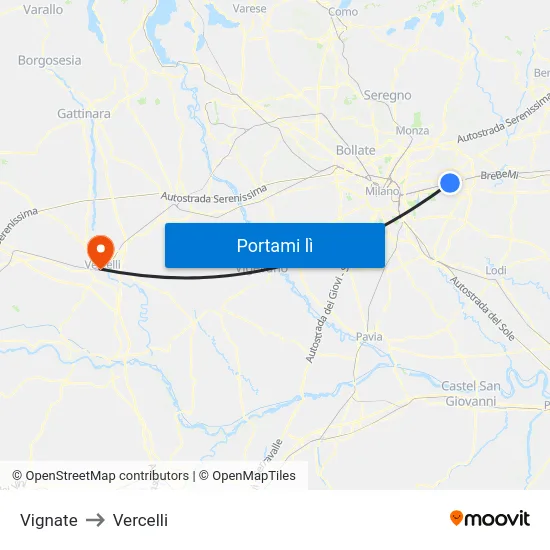 Vignate to Vercelli map