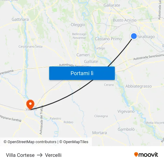 Villa Cortese to Vercelli map