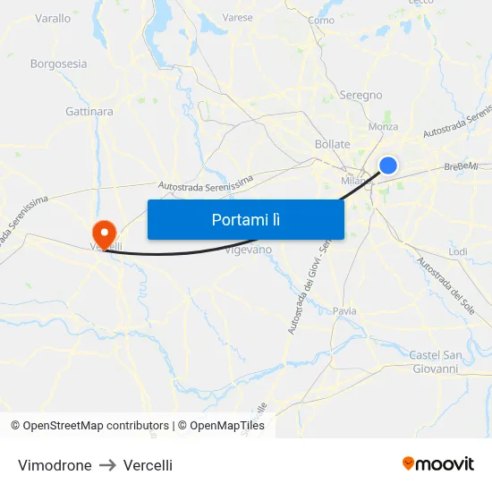 Vimodrone to Vercelli map