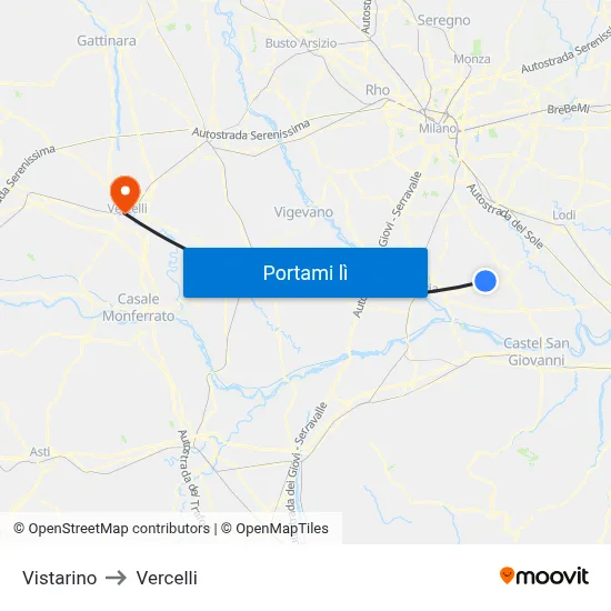 Vistarino to Vercelli map