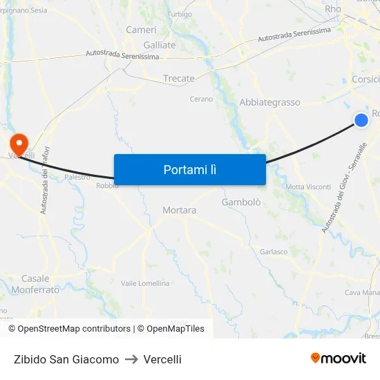 Zibido San Giacomo to Vercelli map