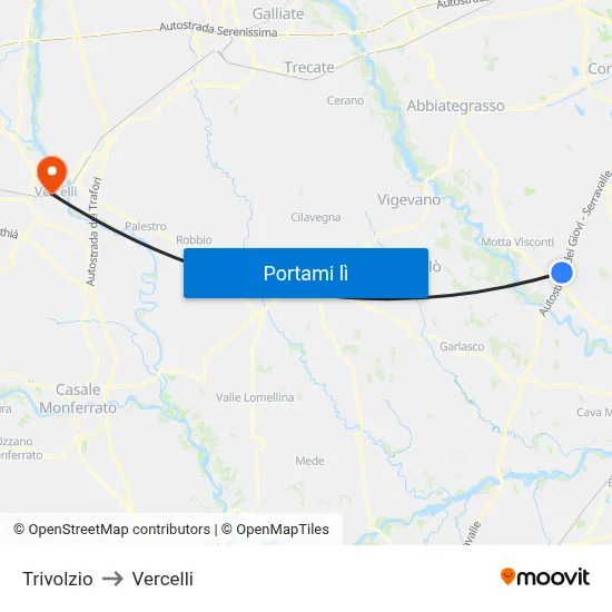 Trivolzio to Vercelli map