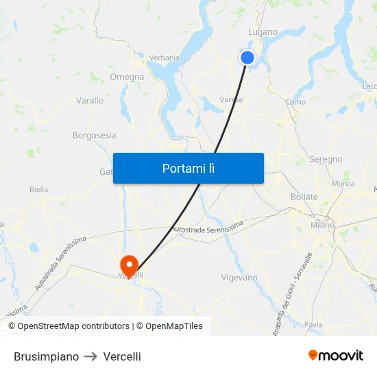 Brusimpiano to Vercelli map