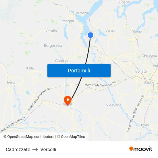 Cadrezzate to Vercelli map