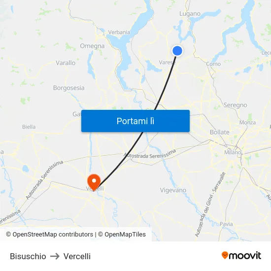 Bisuschio to Vercelli map