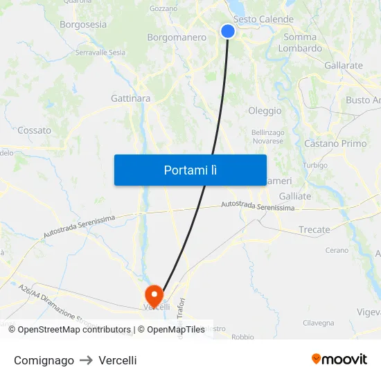 Comignago to Vercelli map