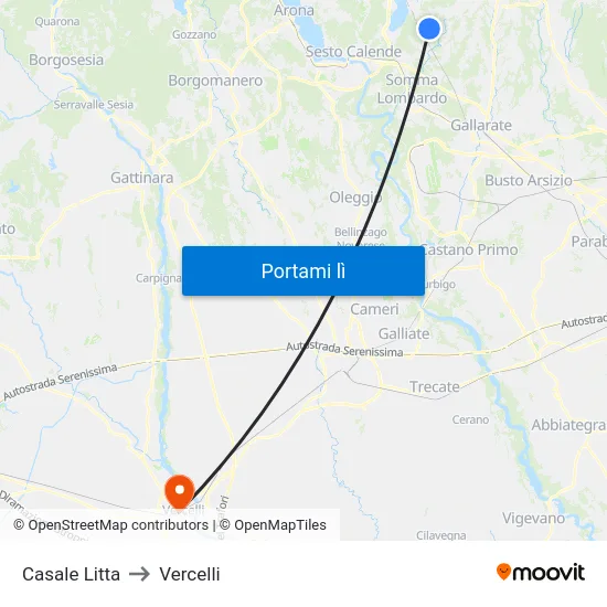 Casale Litta to Vercelli map