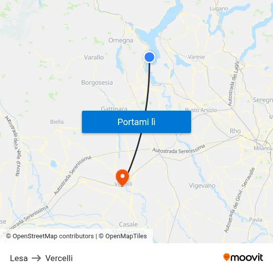 Lesa to Vercelli map