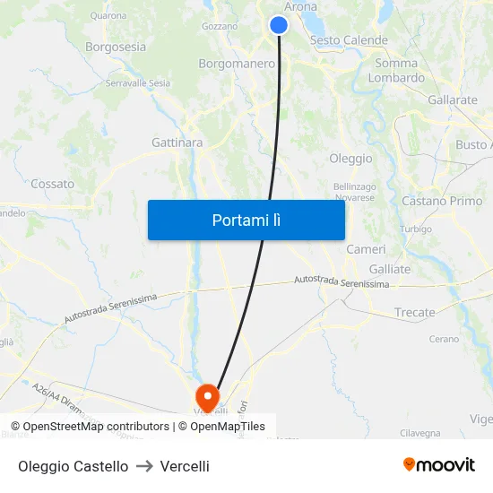 Oleggio Castello to Vercelli map