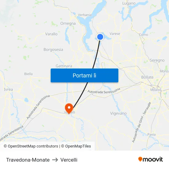 Travedona-Monate to Vercelli map