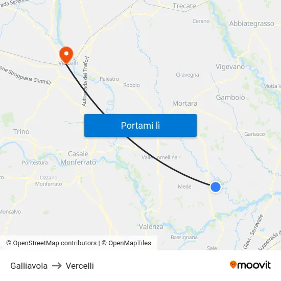 Galliavola to Vercelli map