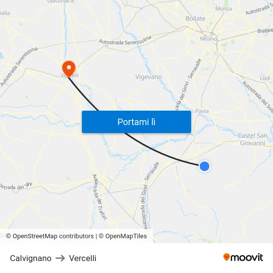 Calvignano to Vercelli map