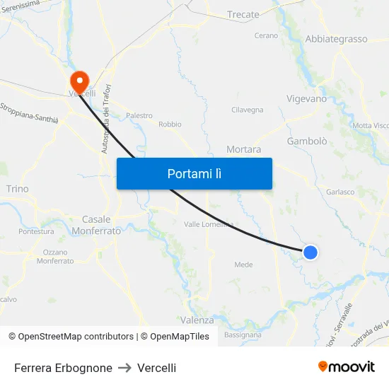 Ferrera Erbognone to Vercelli map