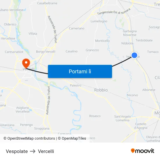 Vespolate to Vercelli map