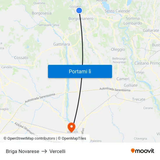 Briga Novarese to Vercelli map