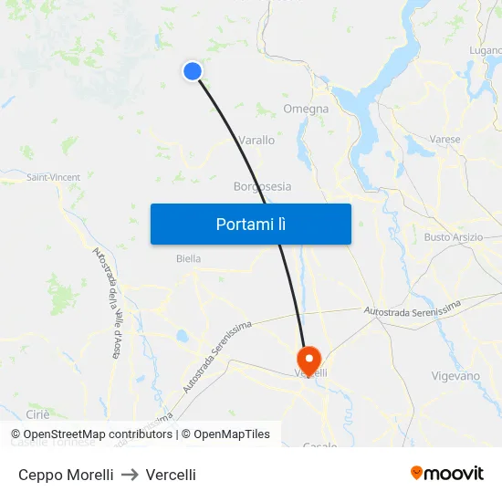 Ceppo Morelli to Vercelli map