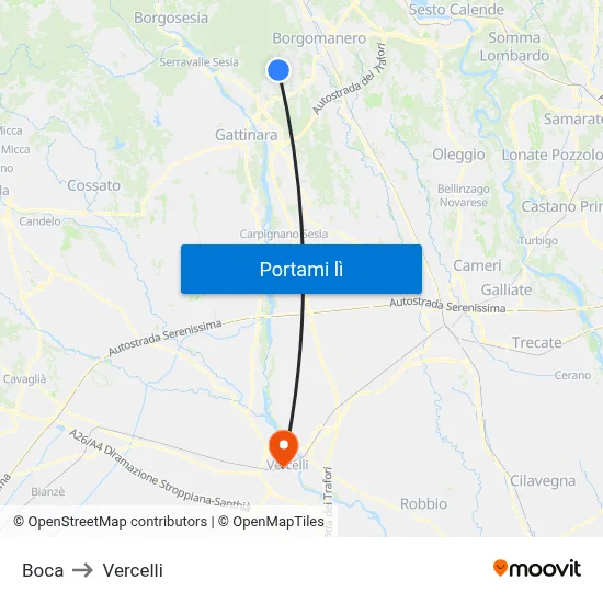 Boca to Vercelli map
