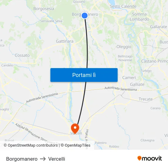 Borgomanero to Vercelli map
