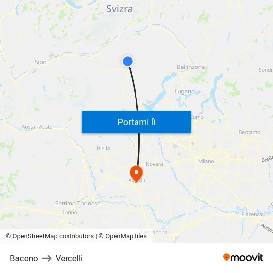Baceno to Vercelli map
