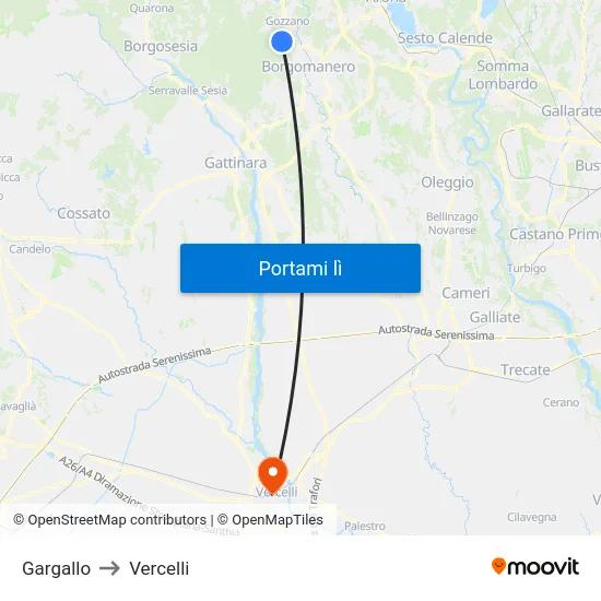 Gargallo to Vercelli map