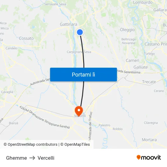 Ghemme to Vercelli map
