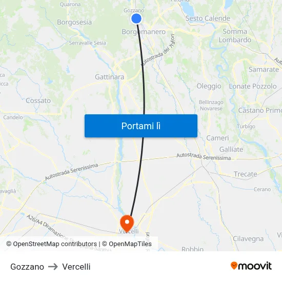 Gozzano to Vercelli map