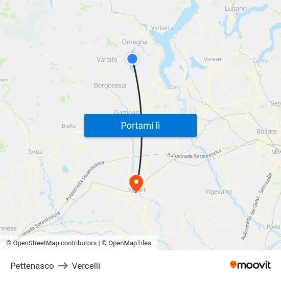 Pettenasco to Vercelli map