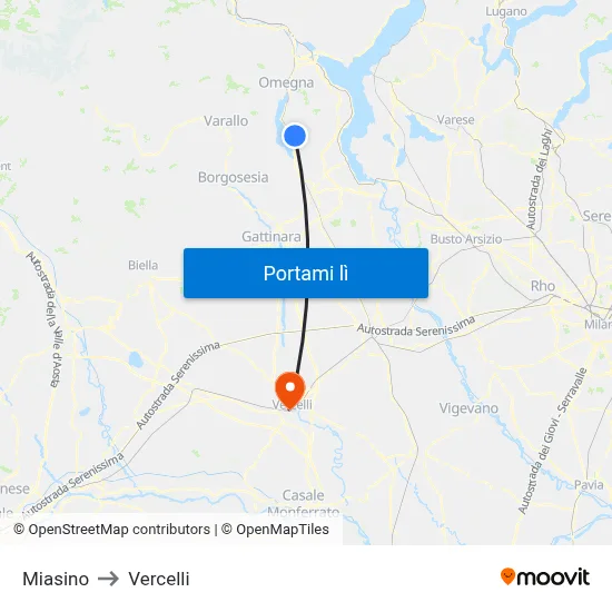 Miasino to Vercelli map
