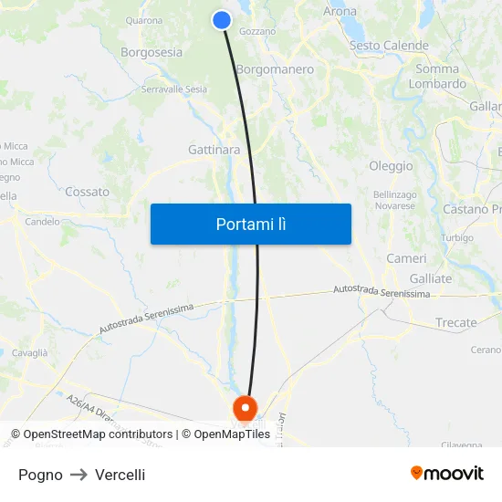 Pogno to Vercelli map