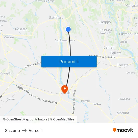 Sizzano to Vercelli map
