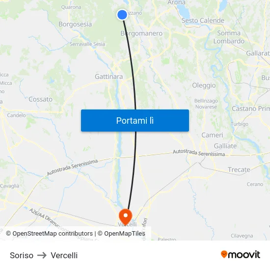 Soriso to Vercelli map