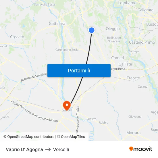 Vaprio D' Agogna to Vercelli map