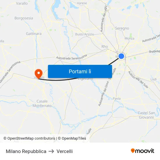 Milano Repubblica to Vercelli map