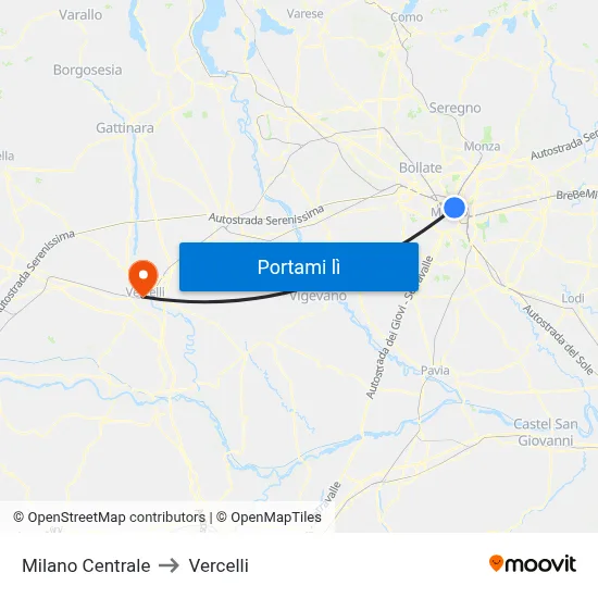 Milano Centrale to Vercelli map