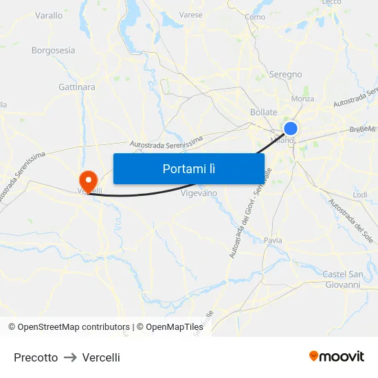Precotto to Vercelli map