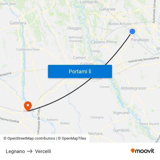Legnano to Vercelli map